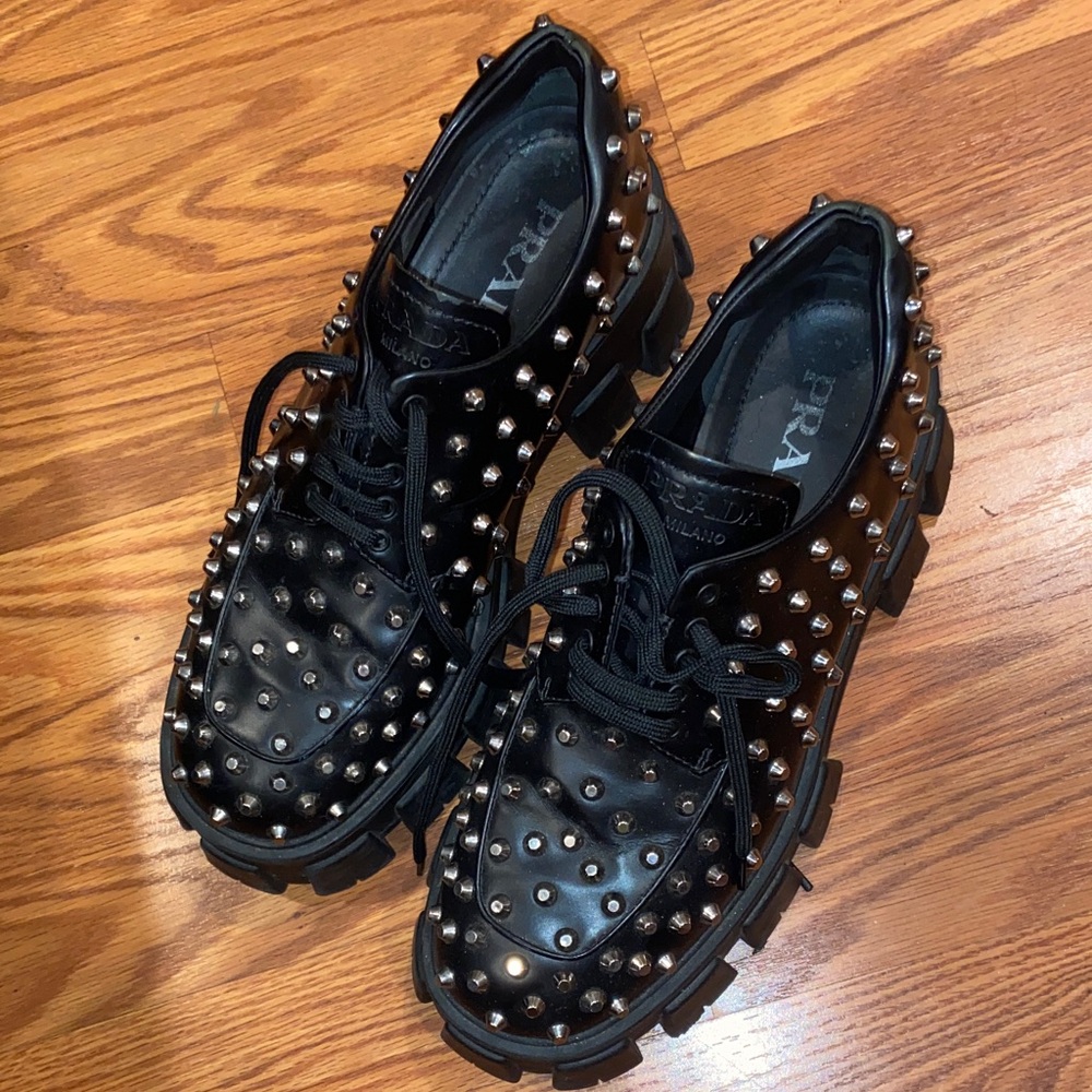 Prada Black Leather Studded Loafers